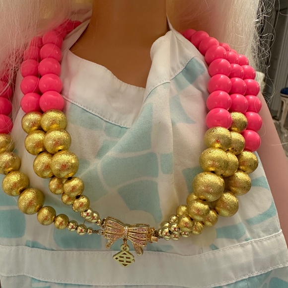 Bright Pink & Gold Beaded Necklace - Picture 6 of 7